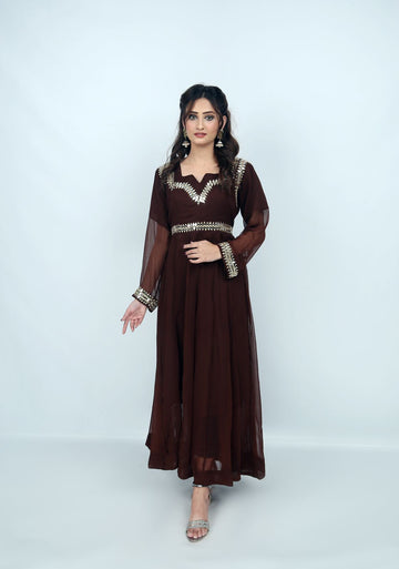 Dark Brown with Embroidery & Mirror work Maxi